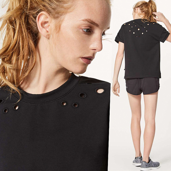 Lululemon Eyelet Short Sleeve Terry Sweatshirt Loose Fit Black 6 - Picture 1 of 10